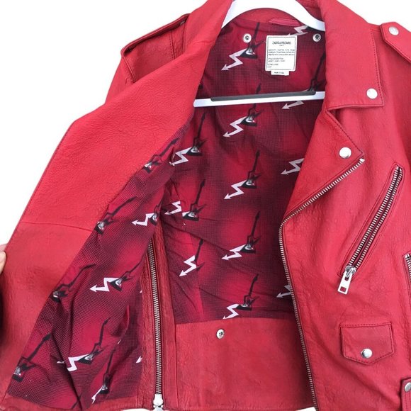 Zadig & Voltaire Women's Size Large Liya Cuir Moto Biker Leather Jacket Red - Picture 6 of 16